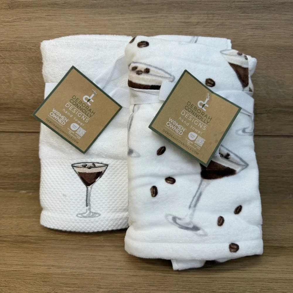 Deborah Connolly Designs Espresso Martini Hand Towel Set Of 4 White Embroidered